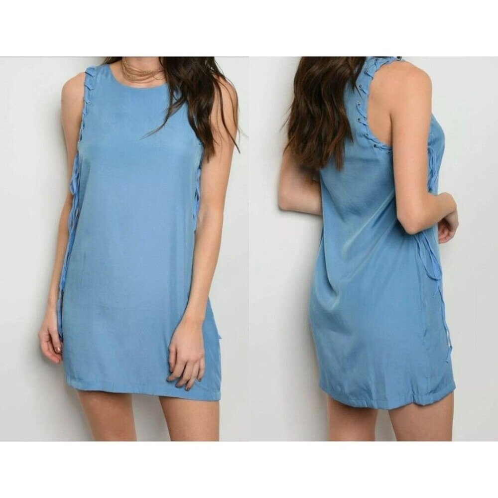 Grifflin Paris Blue Shift Dress Lace Up Shoulder Size Small
